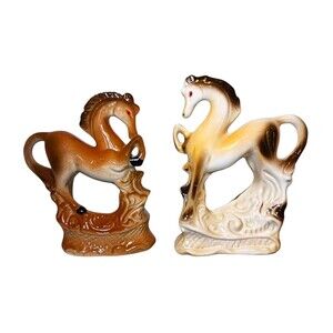 Vintage SET OF 2 Prancing Horse Lusterware Figurines Brown Cream Ceramic Brazil